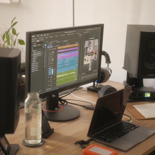 A desk with a monitor showing video editing software in a home office setup.