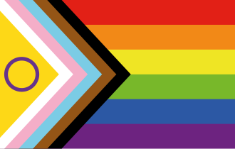 Inclusive Pride flag with rainbow stripes and chevrons of black, brown, blue, pink, white, and yellow with purple circle.